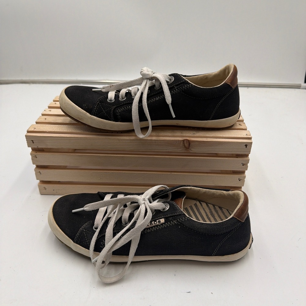 Taos Sneaker‎ Star Burst Canvas Lace Up Leather Trim Black Womens Size 7